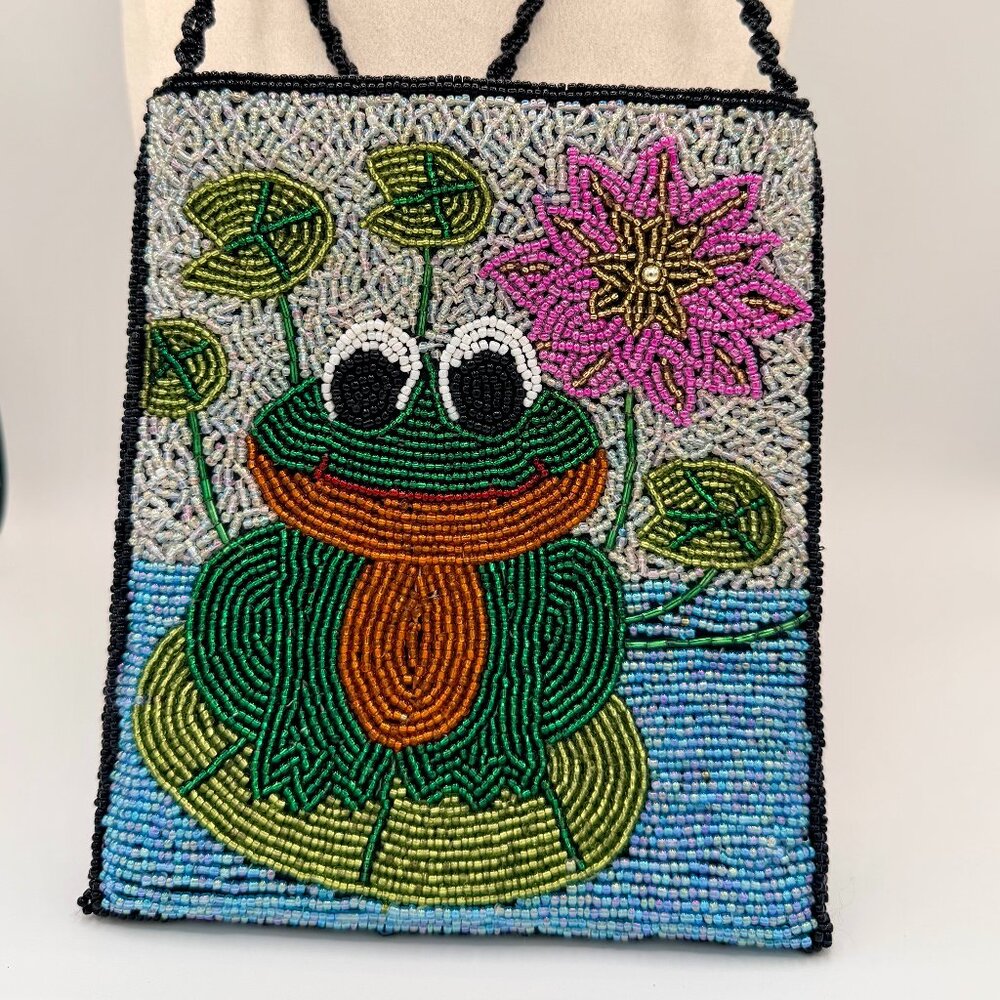 Whimsical Hand Beaded Frog & Water Lily Crossbody Bag | Novelty Purse | 8" x 6"